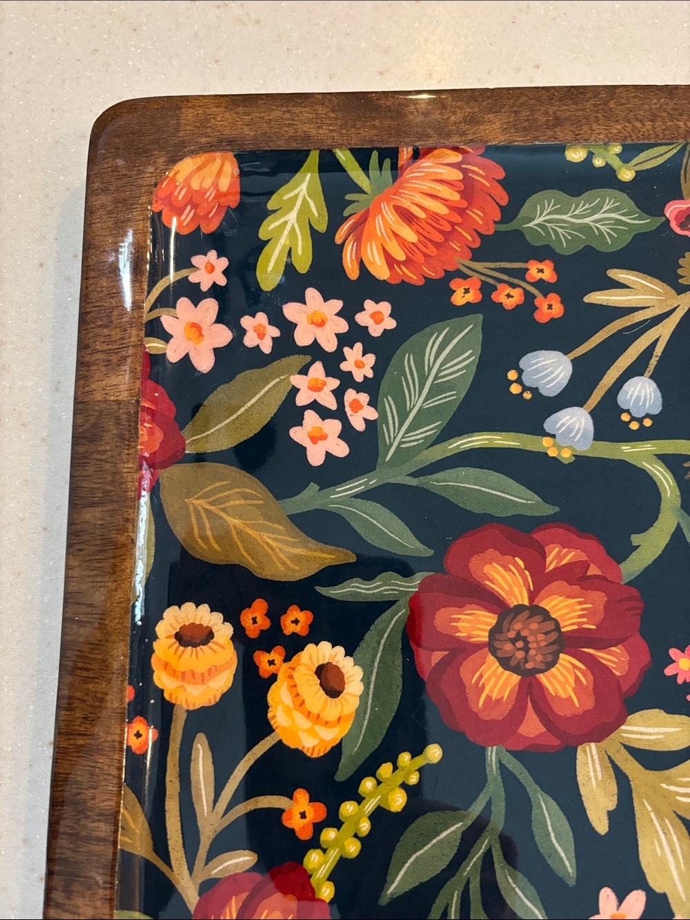 Wooden Floral Serving Tray with Dark Navy Floral Pattern - Picture 6 of 12